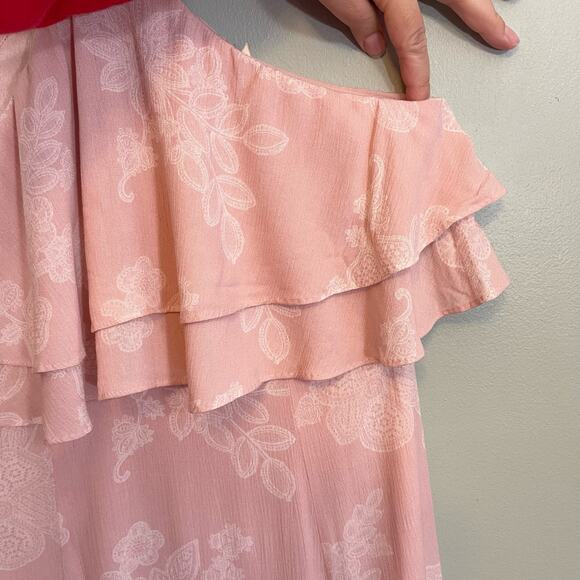 OneTheLand Maxi Dress Large Pink Cold Shoulder Halter Floral Feminine Romantic - Picture 7 of 12